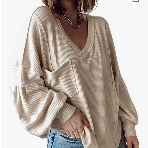Tops - Women's Casual V Neck Balloon Sleeve Pullover Tunic Top